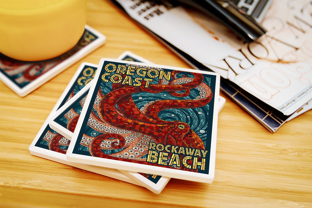 Rockaway Beach, Oregon, Mosaic Octopus, Lantern Press Poster, Coaster Set Coasters Lantern Press 