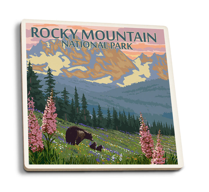 Rocky Mountain National Park, Colorado, Bear and Cubs with Flowers, Lantern Press Artwork, Coaster Set Coasters Lantern Press 