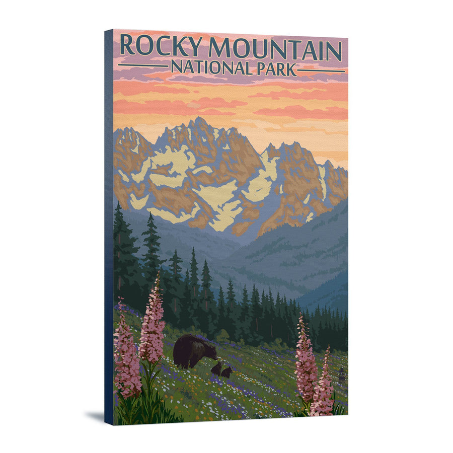 Rocky Mountain National Park, Colorado, Bear and Cubs with Flowers, Lantern Press Artwork, Stretched Canvas Canvas Lantern Press 