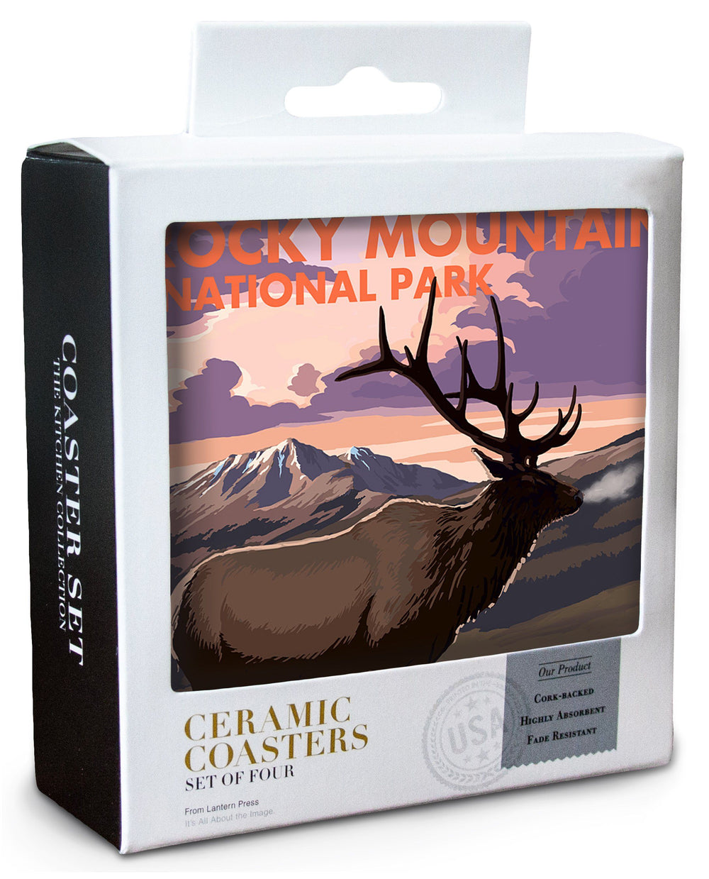 Rocky Mountain National Park, Colorado, Elk & Sunset, Lantern Press Artwork, Coaster Set Coasters Lantern Press 