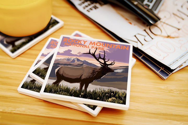 Rocky Mountain National Park, Colorado, Elk & Sunset, Lantern Press Artwork, Coaster Set Coasters Lantern Press 
