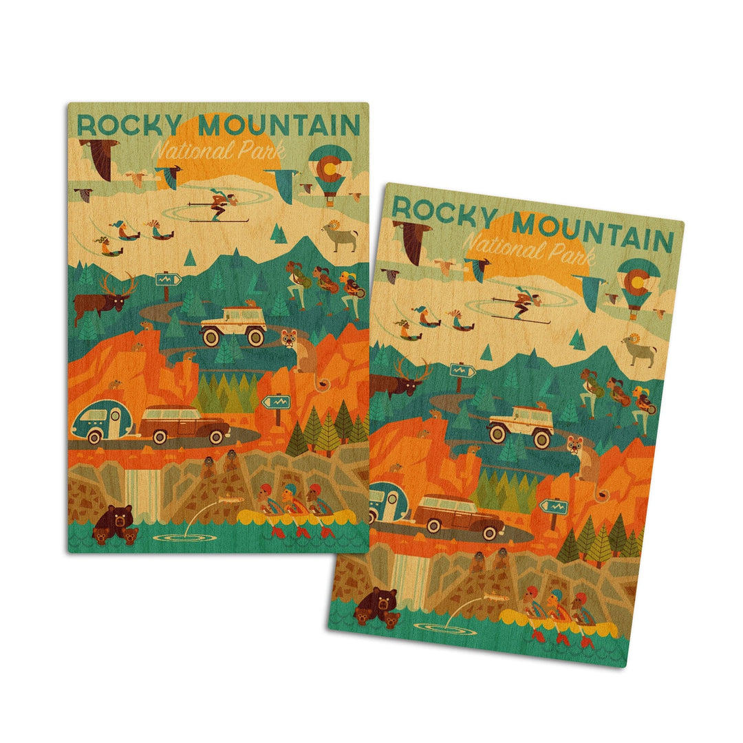 Rocky Mountain National Park, Colorado, Geometric National Park Series, Lantern Press Artwork, Wood Signs and Postcards Wood Lantern Press 4x6 Wood Postcard Set 