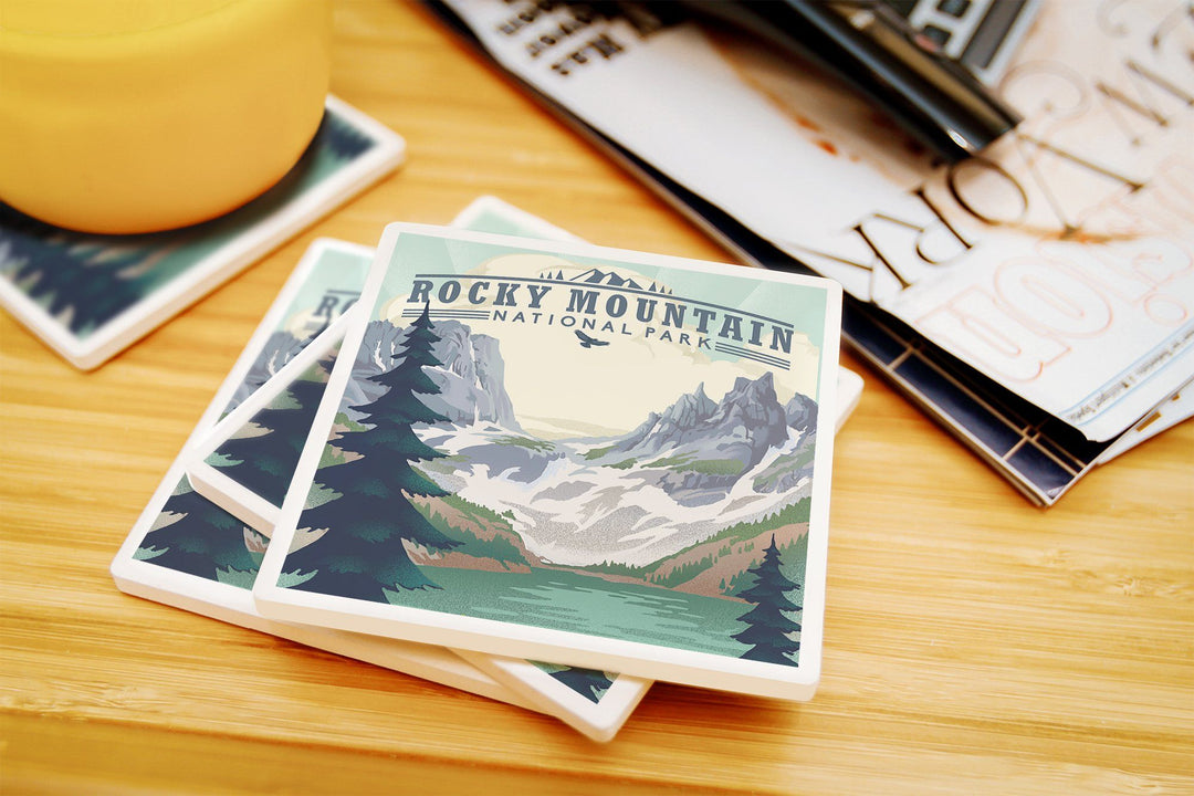 Rocky Mountain National Park, Colorado, Lake, Lithograph, Lantern Press Artwork, Coaster Set Coasters Lantern Press 