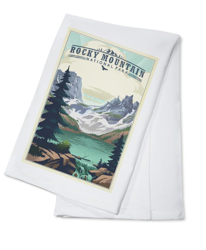 Rocky Mountain National Park, Colorado, Lake, Lithograph, Lantern Press Artwork, Towels and Aprons Kitchen Lantern Press Cotton Towel 