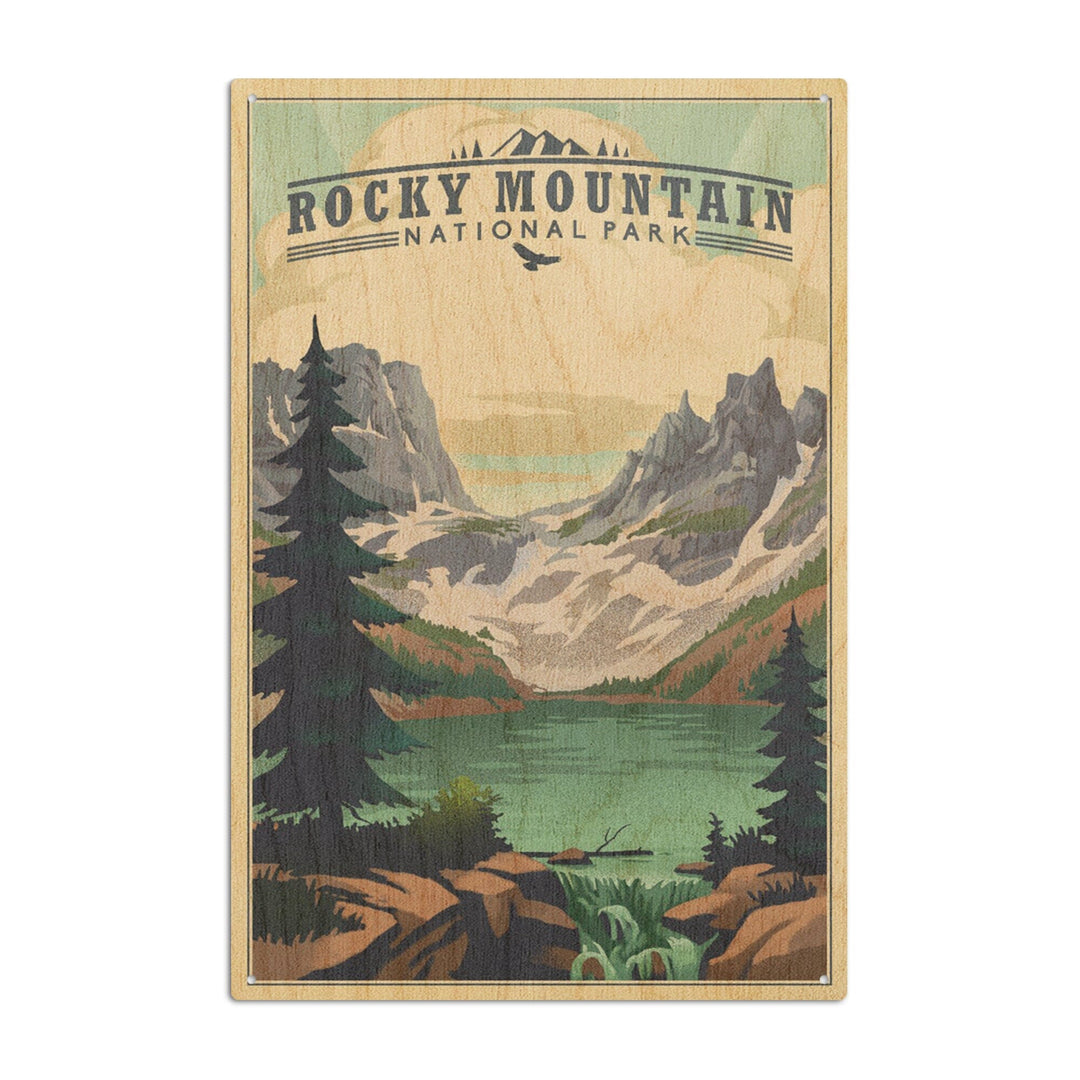 Rocky Mountain National Park, Colorado, Lake, Lithograph, Lantern Press Artwork, Wood Signs and Postcards Wood Lantern Press 6x9 Wood Sign 