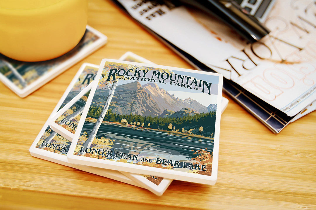 Rocky Mountain National Park, Colorado, Longs Peak & Bear Lake Fall, Lantern Press Artwork, Coaster Set Coasters Lantern Press 