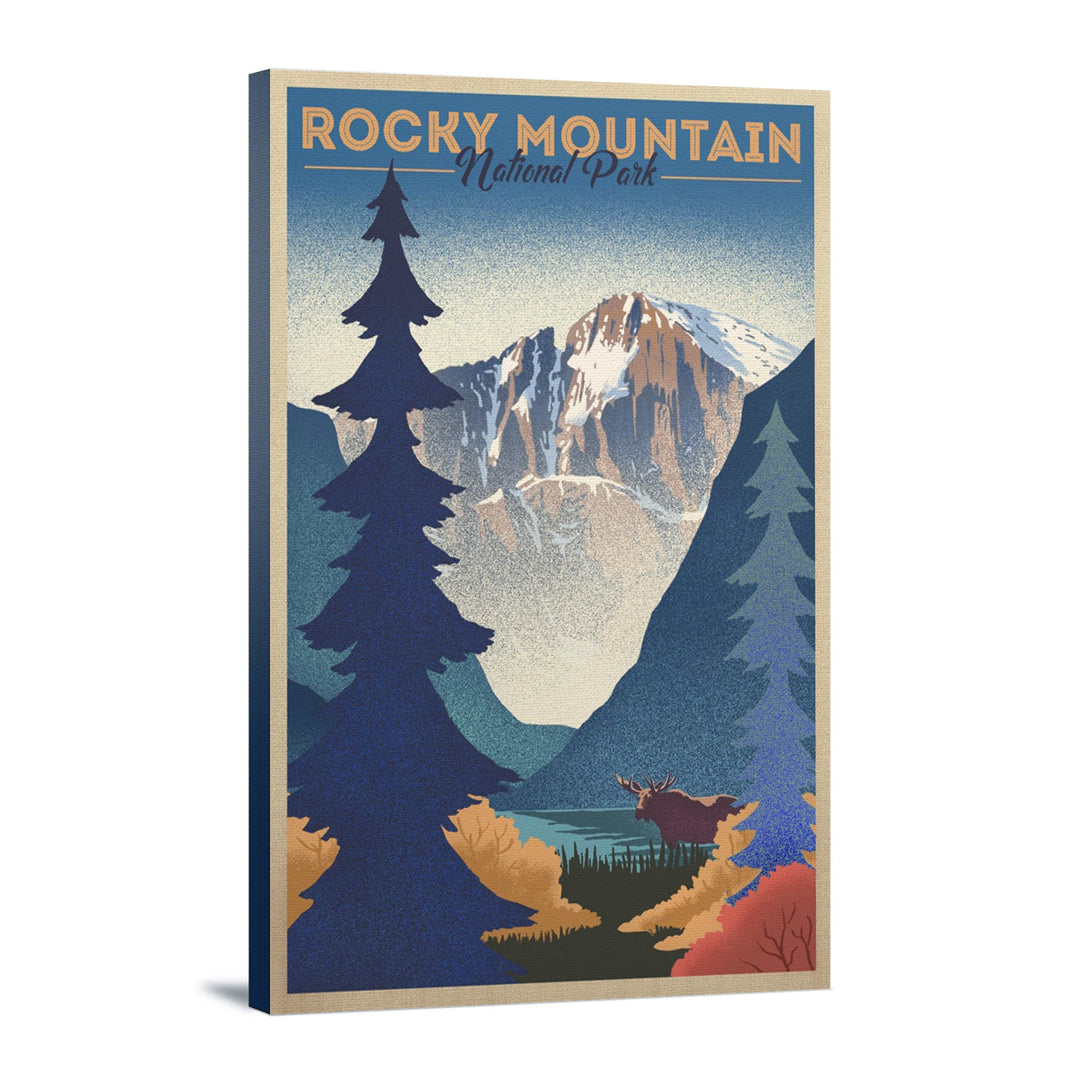 Rocky Mountain National Park, Colorado, Moose & Lake, Lithograph, Lantern Press Artwork, Stretched Canvas Canvas Lantern Press 12x18 Stretched Canvas 
