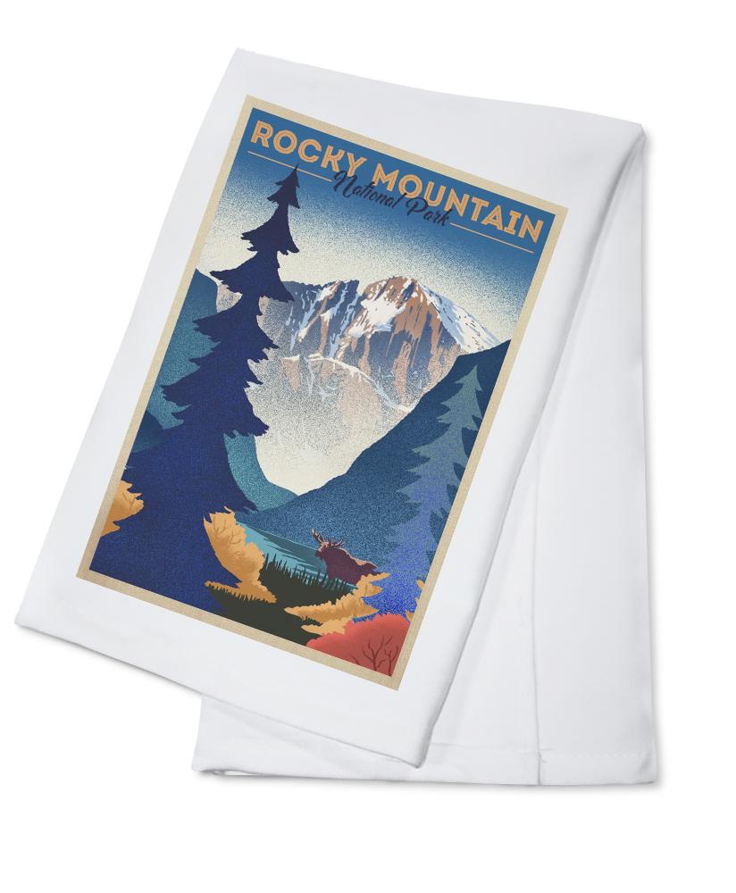Rocky Mountain National Park, Colorado, Moose & Lake, Lithograph, Lantern Press Artwork, Towels and Aprons Kitchen Lantern Press Cotton Towel 