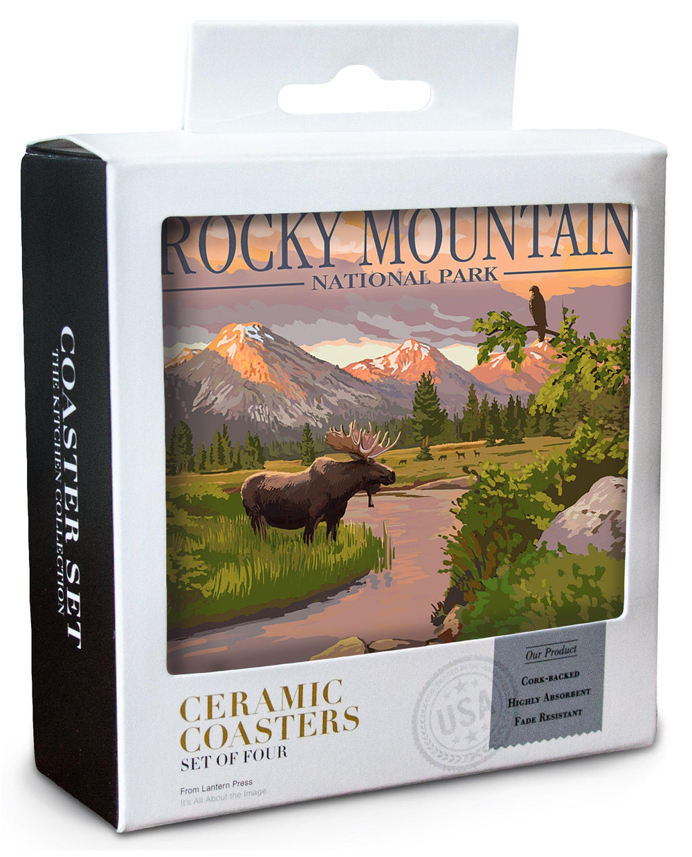 Rocky Mountain National Park, Colorado, Moose & Meadow, Lantern Press Artwork, Coaster Set Coasters Lantern Press 