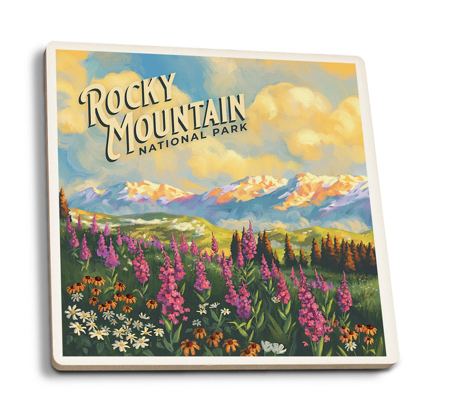 Rocky Mountain National Park, Colorado, Oil Painting National Park Series, Lantern Press Artwork, Coaster Set Coasters Lantern Press 