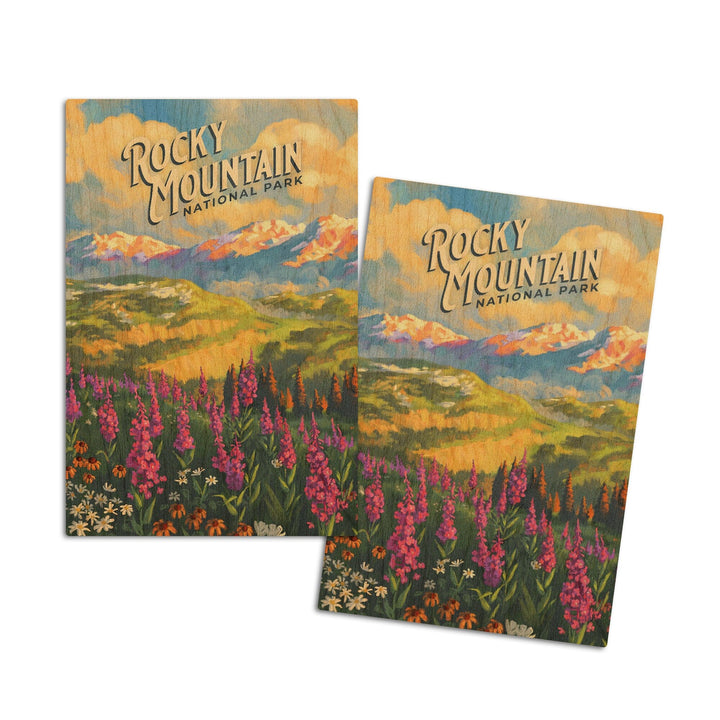 Rocky Mountain National Park, Colorado, Oil Painting National Park Series, Lantern Press Artwork, Wood Signs and Postcards Wood Lantern Press 4x6 Wood Postcard Set 