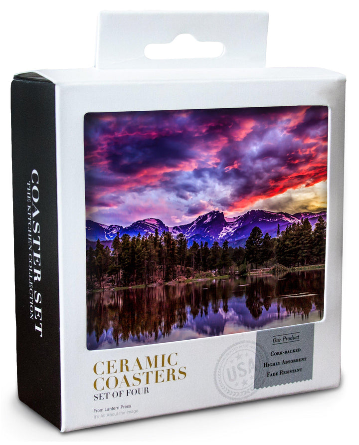 Rocky Mountain National Park, Colorado, Sunset & Sprague Lake, Lantern Press Photography, Coaster Set Coasters Lantern Press 
