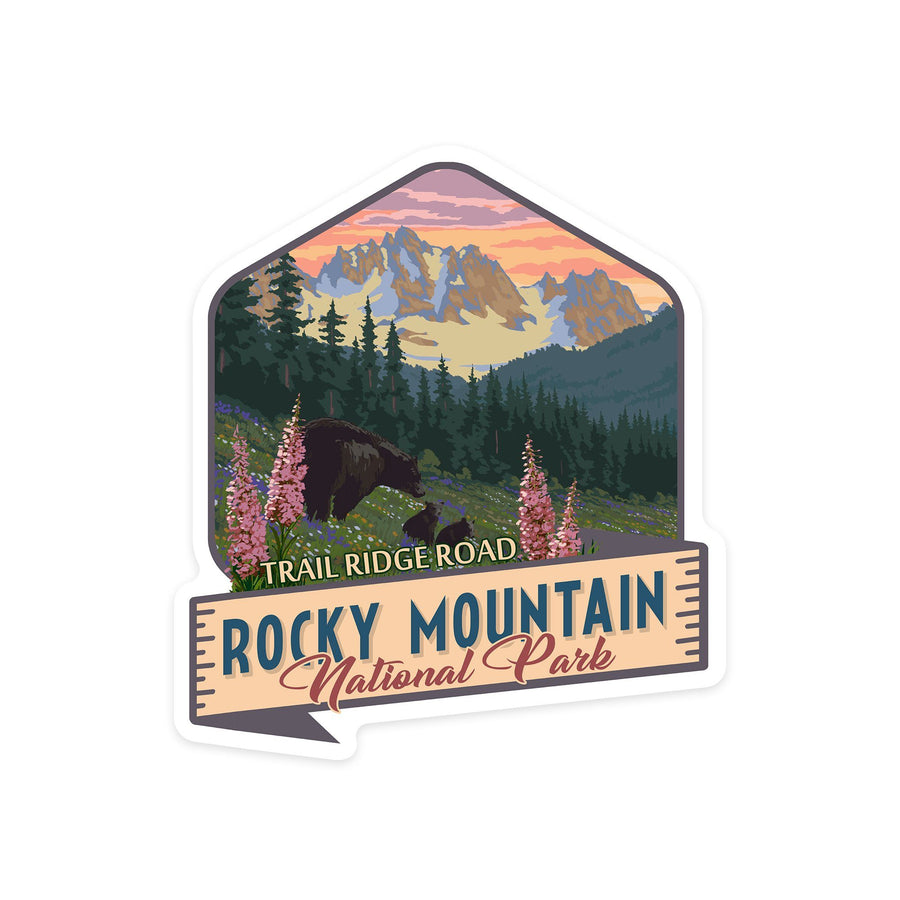 Rocky Mountain National Park, Colorado, Trail Ridge Rd, Bear & Spring Flowers, Contour, Lantern Press Artwork, Vinyl Sticker Sticker Lantern Press 