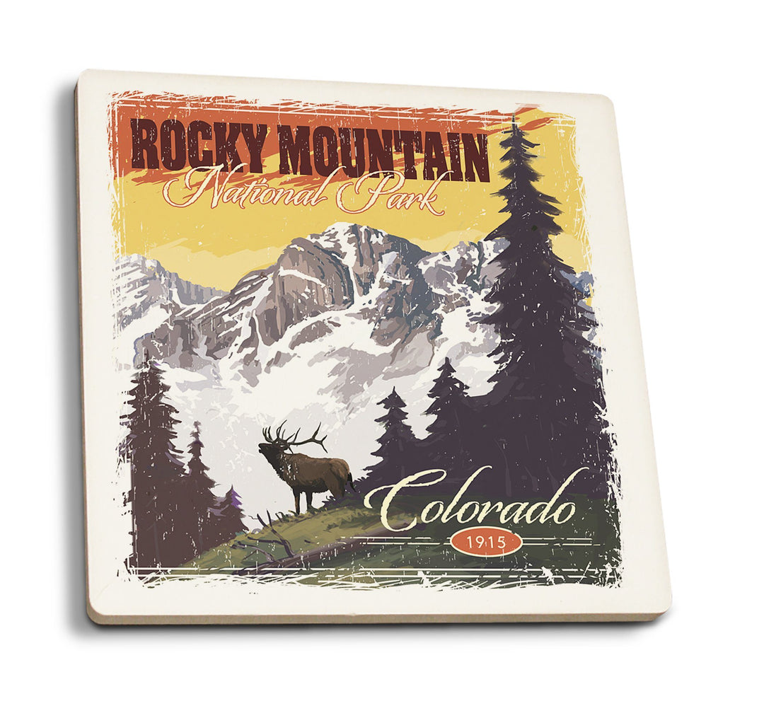 Rocky Mountain National Park, Mountain View & Elk, Distressed, Lantern Press Artwork, Coaster Set Coasters Lantern Press 