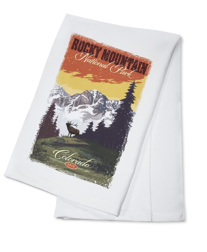 Rocky Mountain National Park, Mountain View & Elk, Distressed, Lantern Press Artwork, Towels and Aprons Kitchen Lantern Press Cotton Towel 