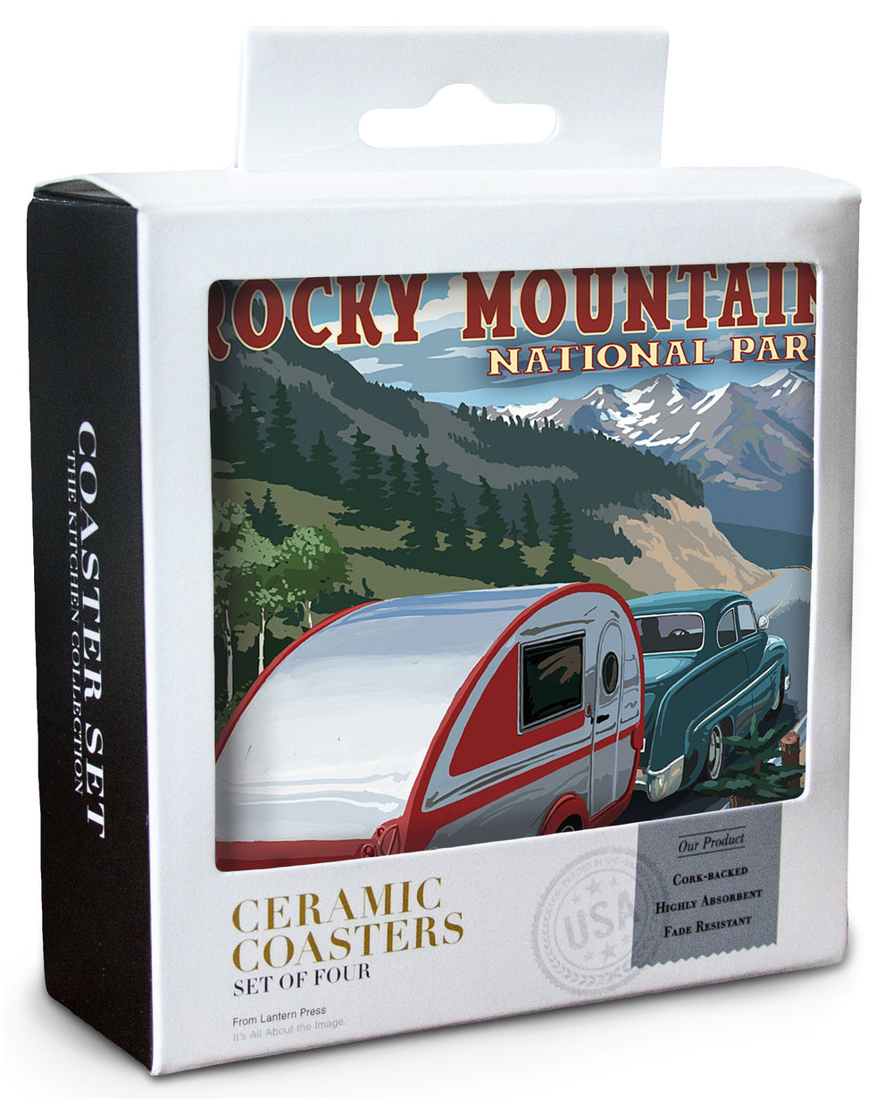 Rocky Mountain National Park, Retro Camper, Lantern Press Artwork, Coaster Set Coasters Lantern Press 