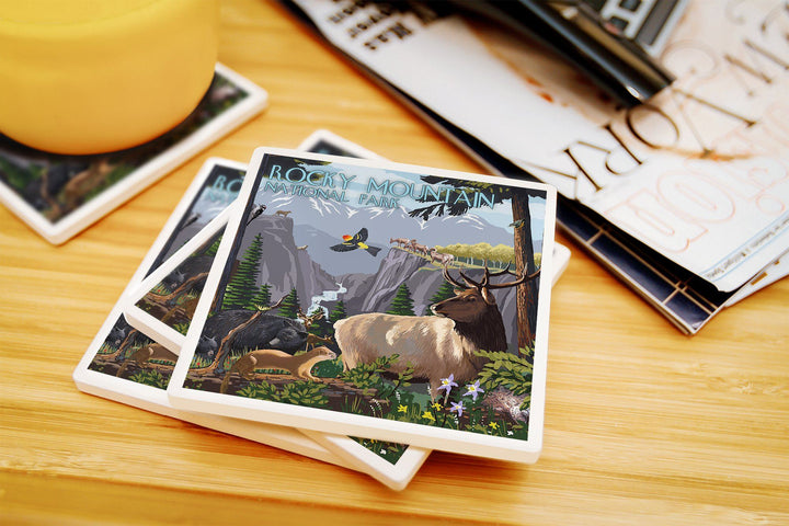Rocky Mountain National Park, Wildlife Utopia, Lantern Press Artwork, Coaster Set Coasters Lantern Press 