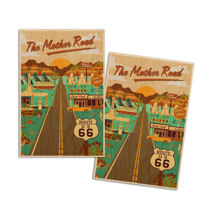 Route 66, Mother Road, Geometric, Lantern Press Artwork, Wood Signs and Postcards Wood Lantern Press 4x6 Wood Postcard Set 