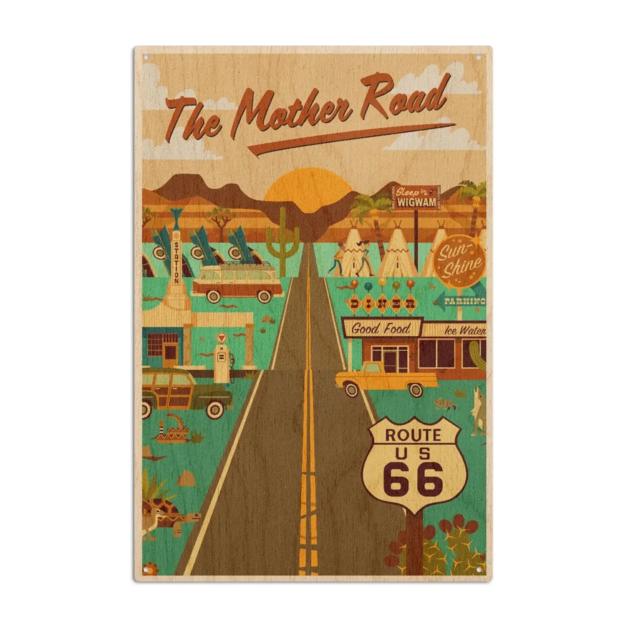 Route 66, Mother Road, Geometric, Lantern Press Artwork, Wood Signs an