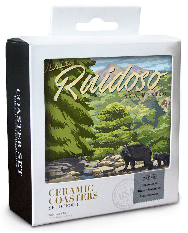 Ruidoso, New Mexico, Black Bears & Stream, Lantern Press Artwork, Coaster Set Coasters Lantern Press 