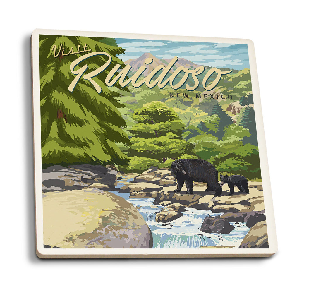 Ruidoso, New Mexico, Black Bears & Stream, Lantern Press Artwork, Coaster Set Coasters Lantern Press 