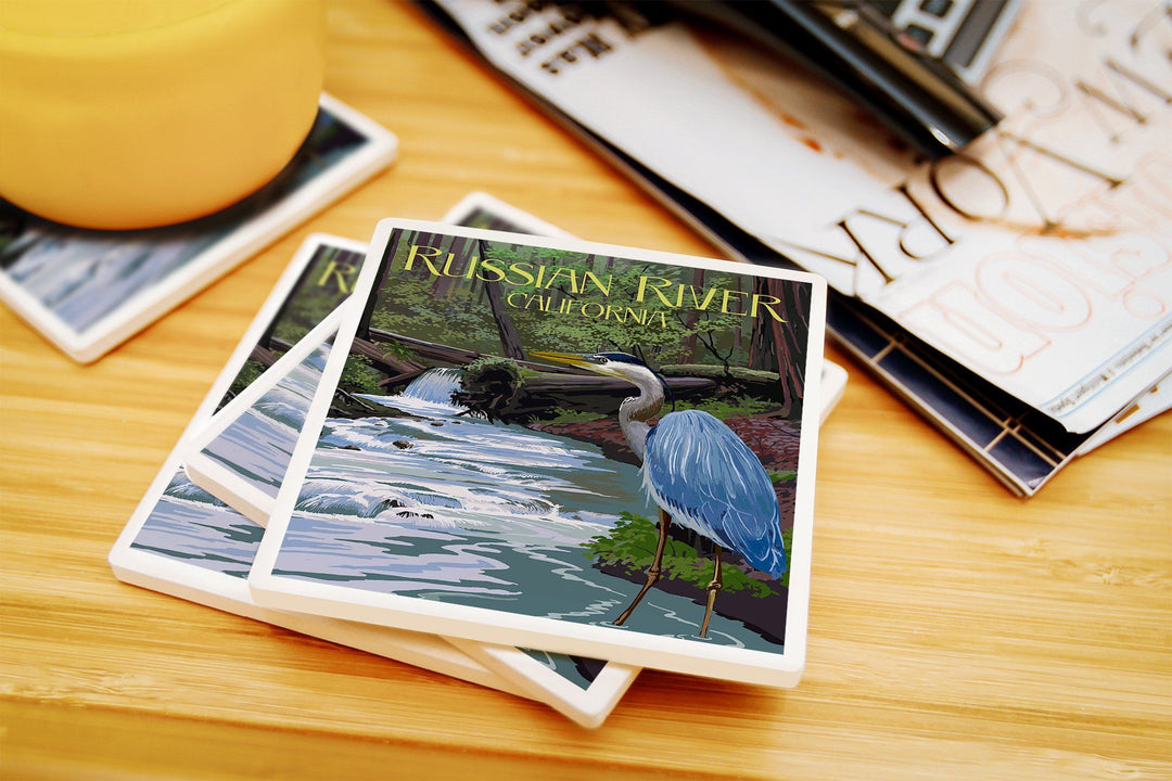 Russian River, California, Blue Heron, Lantern Press Artwork, Coaster Set Coasters Lantern Press 