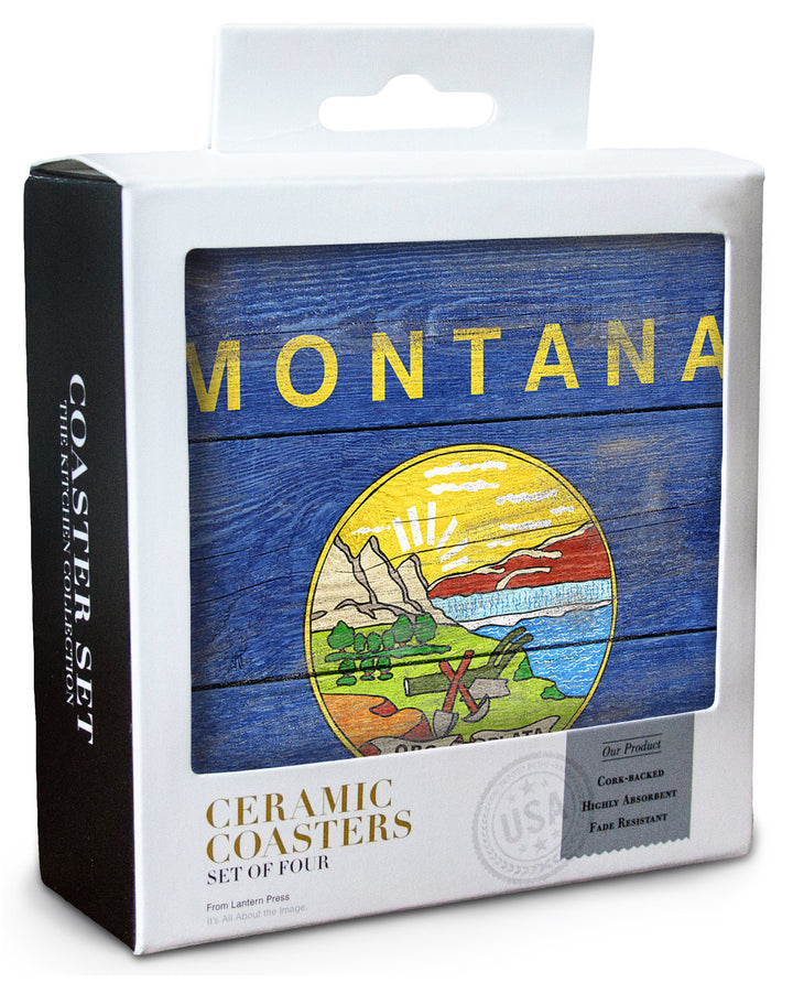 Rustic Montana State Flag, Lantern Press Artwork, Coaster Set Coasters Lantern Press 