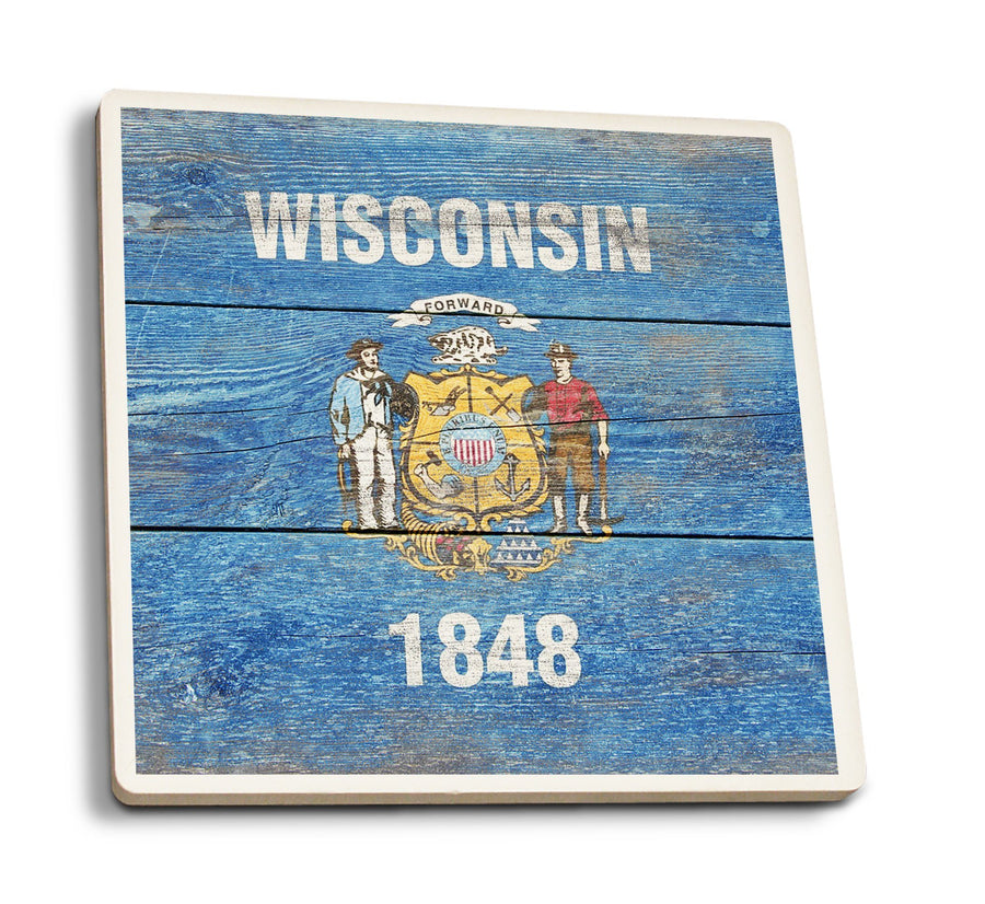 Rustic Wisconsin State Flag, Lantern Press Artwork, Coaster Set Coasters Lantern Press 