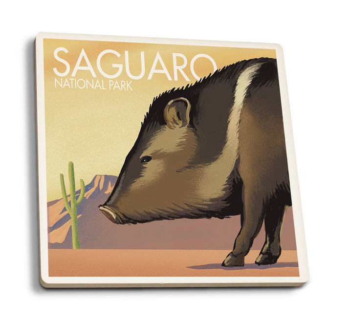 Saguaro National Park, Arizona, Javelina, Lithograph, Lantern Press Artwork, Coaster Set Coasters Lantern Press 