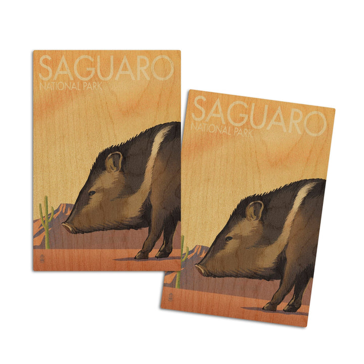 Saguaro National Park, Arizona, Javelina, Lithograph, Lantern Press Artwork, Wood Signs and Postcards Wood Lantern Press 4x6 Wood Postcard Set 