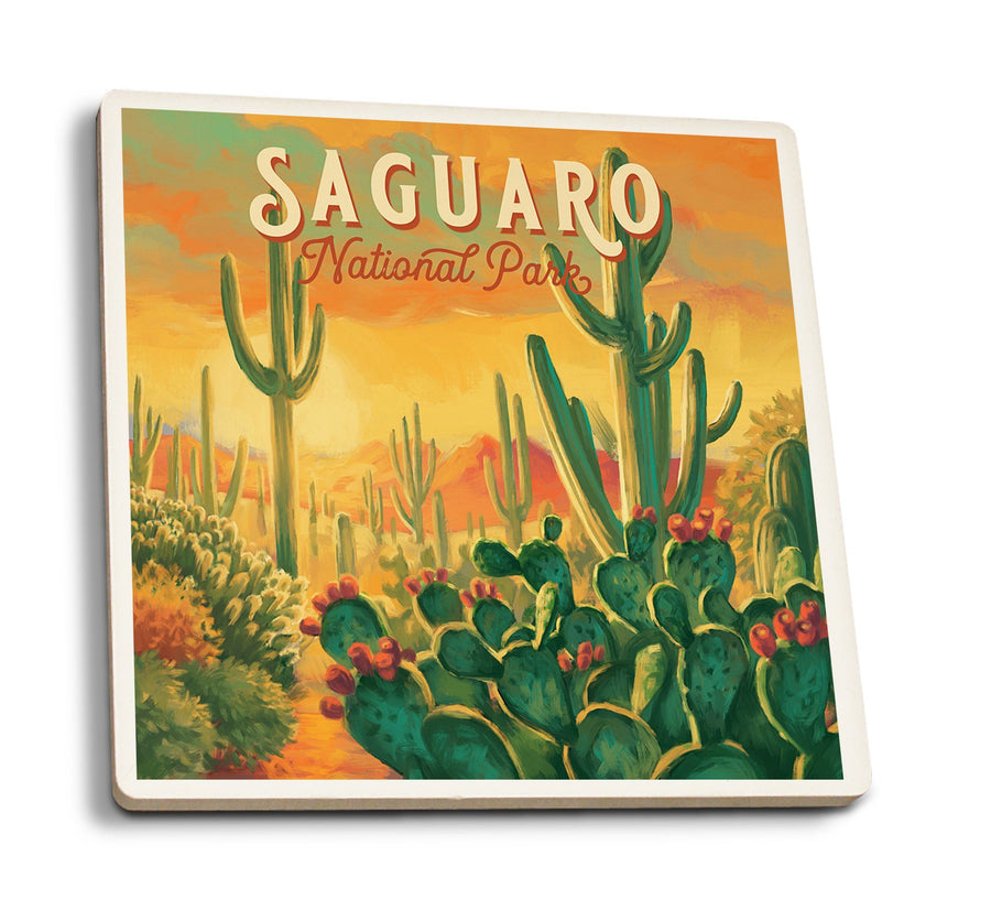 Saguaro National Park, Arizona, Oil Painting National Park Series, Lantern Press Artwork, Coaster Set Coasters Lantern Press 