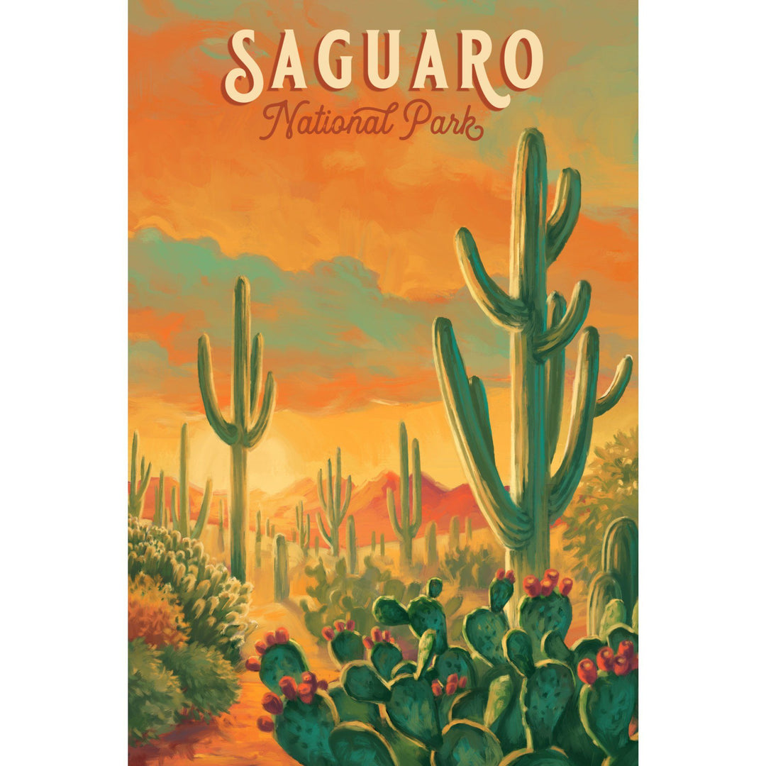 Saguaro National Park, Arizona, Oil Painting National Park Series, Lantern Press Artwork, Stretched Canvas Canvas Lantern Press 