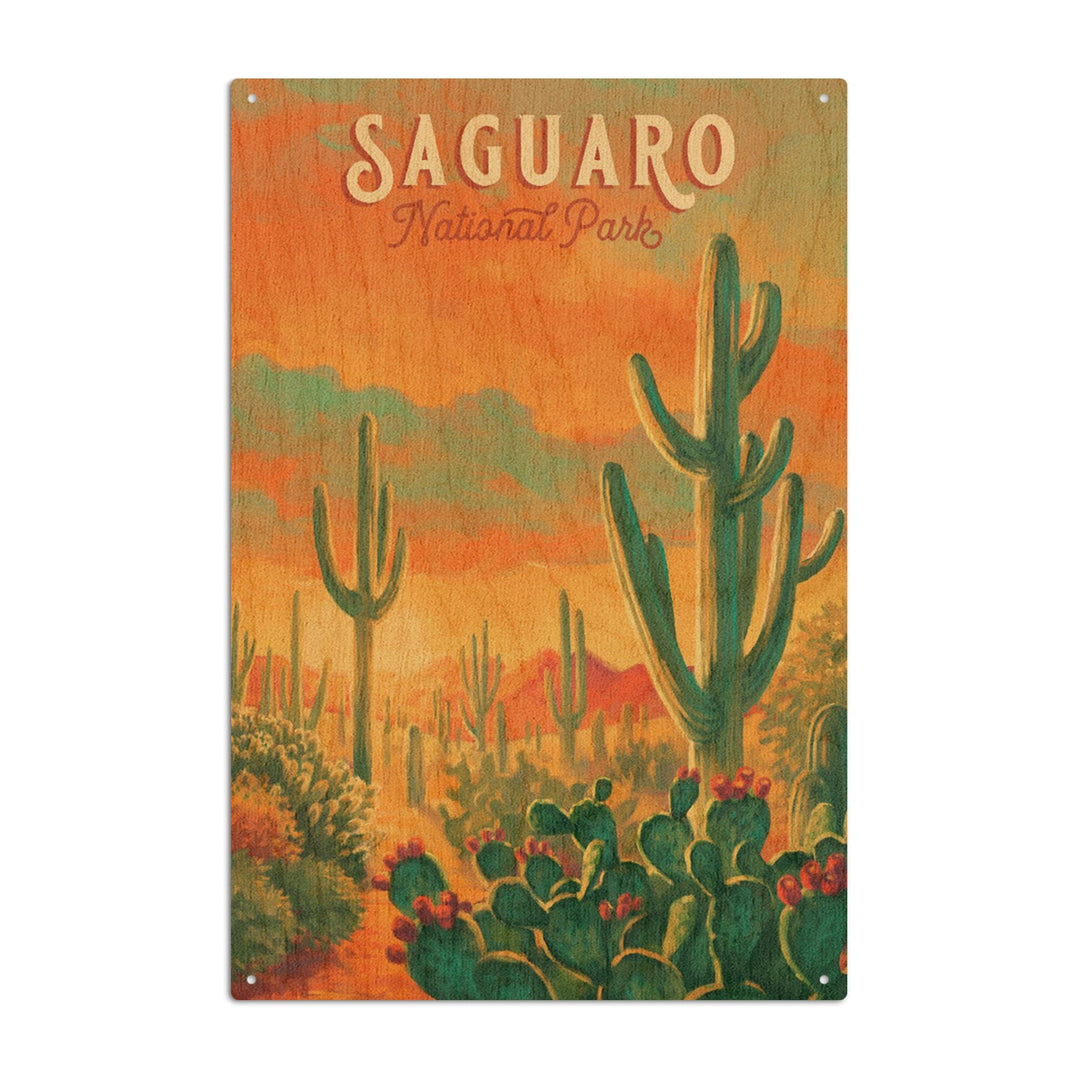 Saguaro National Park, Arizona, Oil Painting National Park Series, Lantern Press Artwork, Wood Signs and Postcards Wood Lantern Press 10 x 15 Wood Sign 
