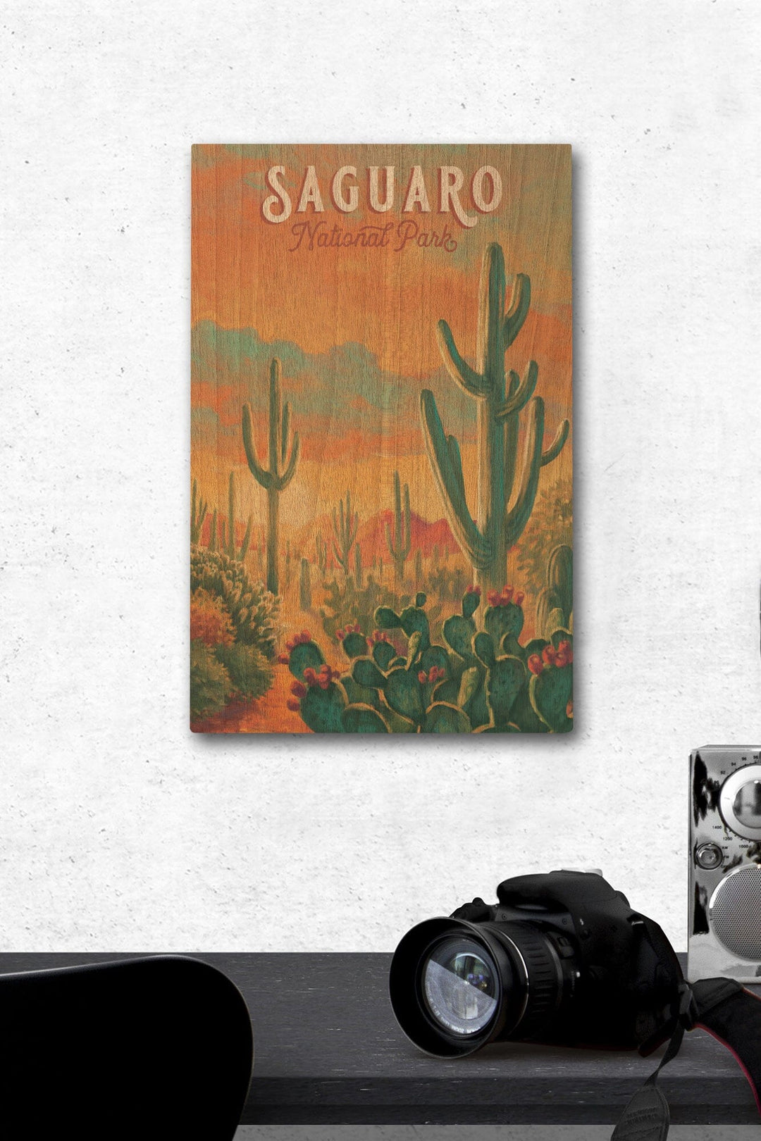 Saguaro National Park, Arizona, Oil Painting National Park Series, Lantern Press Artwork, Wood Signs and Postcards Wood Lantern Press 12 x 18 Wood Gallery Print 