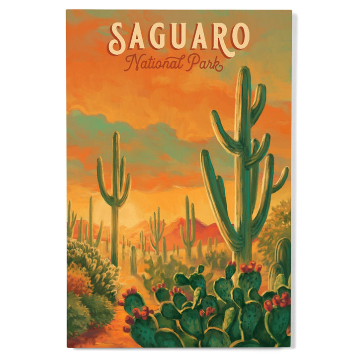 Saguaro National Park, Arizona, Oil Painting National Park Series, Lantern Press Artwork, Wood Signs and Postcards Wood Lantern Press 