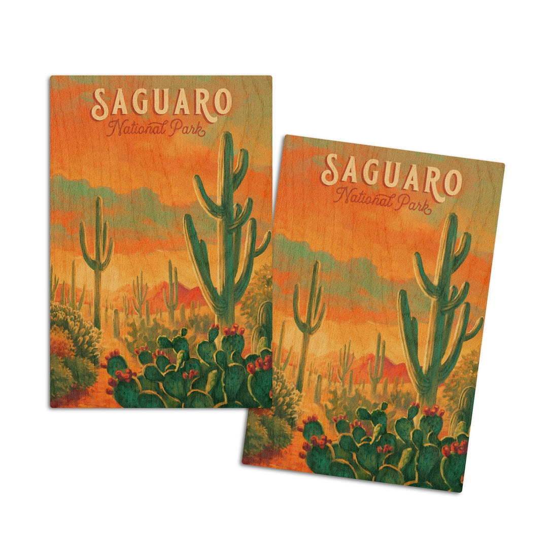 Saguaro National Park, Arizona, Oil Painting National Park Series, Lantern Press Artwork, Wood Signs and Postcards Wood Lantern Press 4x6 Wood Postcard Set 