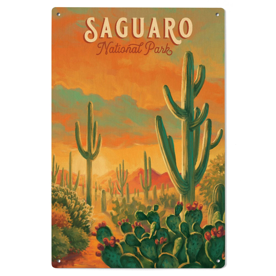 Saguaro National Park, Arizona, Oil Painting National Park Series, Lantern Press Artwork, Wood Signs and Postcards Wood Lantern Press 