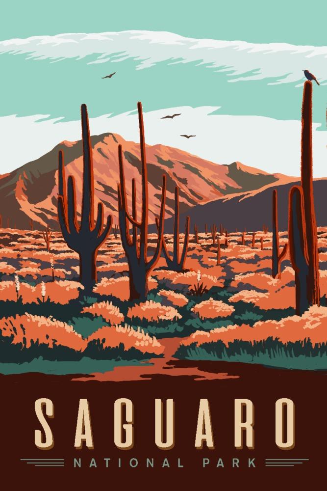 Saguaro National Park, Desert Scene with Cactus, Lantern Press Artwork, Art Prints and Metal Signs Art Lantern Press 12 x 18 Art Print 