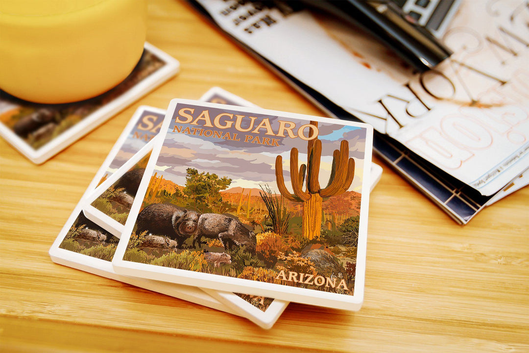 Saguaro National Park, Javelina, Lantern Press Artwork, Coaster Set Coasters Lantern Press 