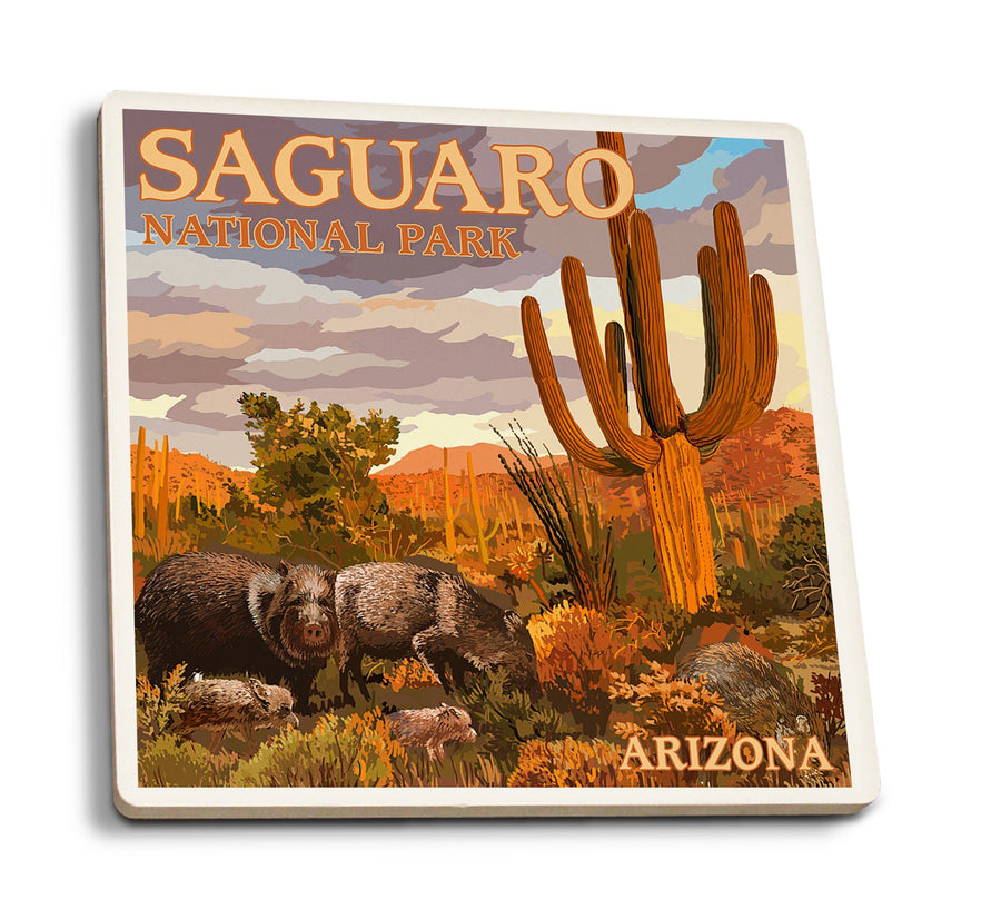 Saguaro National Park, Javelina, Lantern Press Artwork, Coaster Set Coasters Lantern Press 