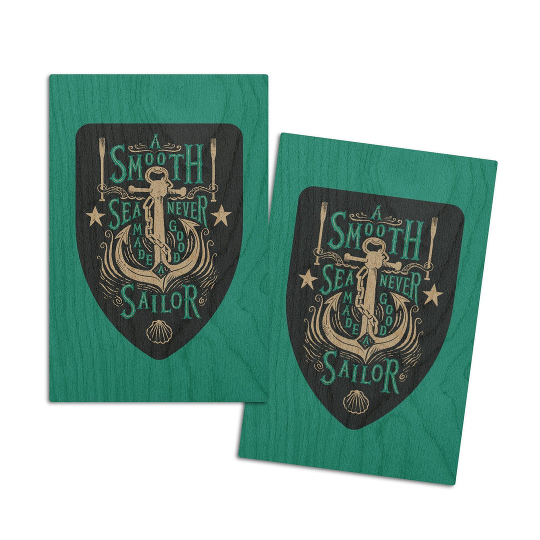 Sailor's Pride Collection, Anchor, A Smooth Sea Never Made A Good Sailor, Contour, Wood Signs and Postcards Wood Lantern Press 4x6 Wood Postcard Set 