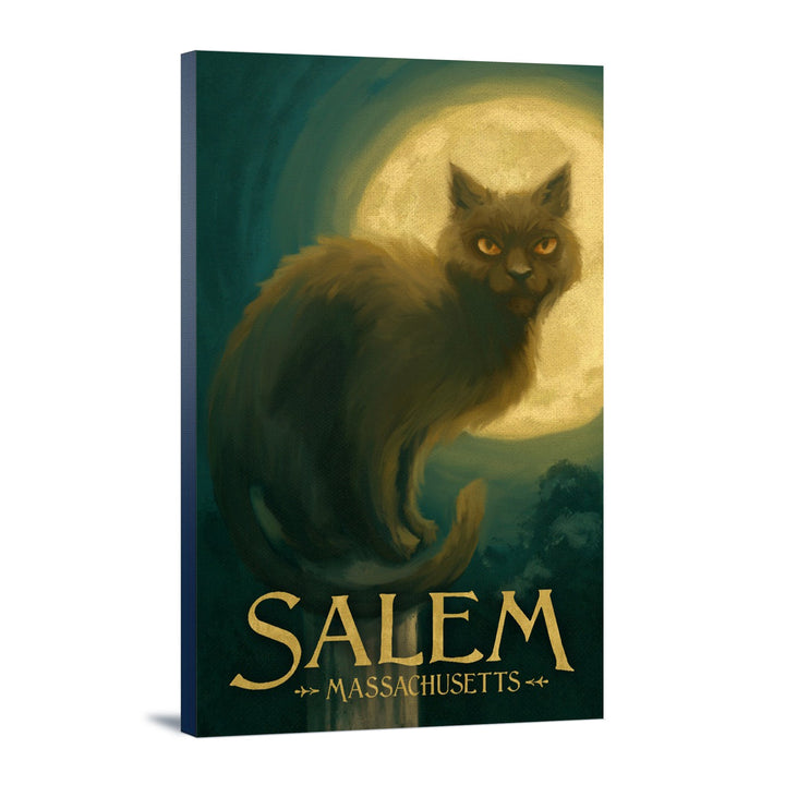 Salem, Massachusetts, Black Cat, Halloween Oil Painting, Lantern Press Artwork, Stretched Canvas Canvas Lantern Press 12x18 Stretched Canvas 