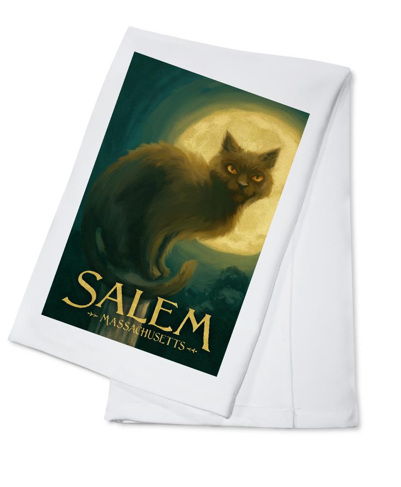 Salem, Massachusetts, Black Cat, Halloween Oil Painting, Lantern Press Artwork, Towels and Aprons Kitchen Lantern Press Cotton Towel 