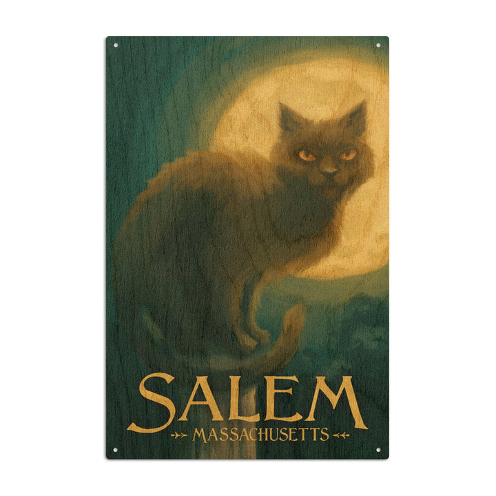 Salem, Massachusetts, Black Cat, Halloween Oil Painting, Lantern Press Artwork, Wood Signs and Postcards Wood Lantern Press 10 x 15 Wood Sign 
