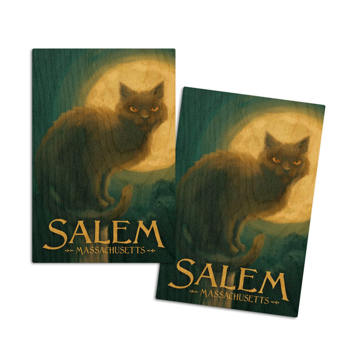 Salem, Massachusetts, Black Cat, Halloween Oil Painting, Lantern Press Artwork, Wood Signs and Postcards Wood Lantern Press 4x6 Wood Postcard Set 