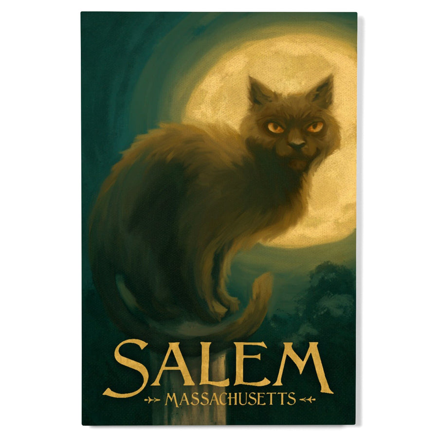 Salem, Massachusetts, Black Cat, Halloween Oil Painting, Lantern Press Artwork, Wood Signs and Postcards Wood Lantern Press 