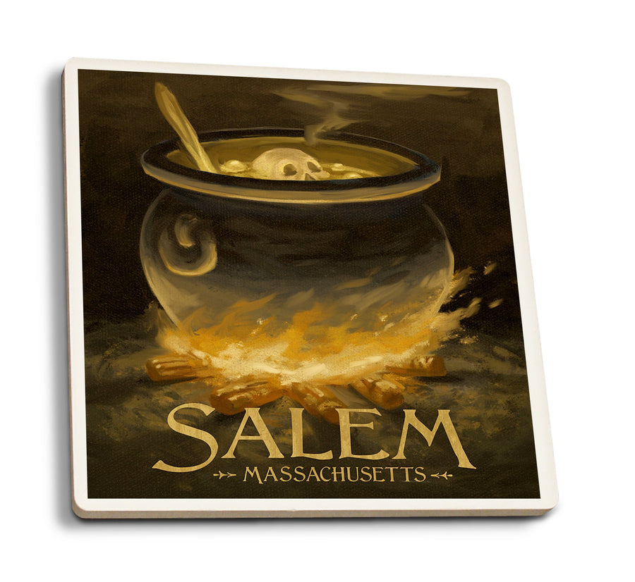 Salem, Massachusetts, Cauldron, Halloween Oil Painting, Lantern Press Artwork, Coaster Set Coasters Lantern Press 