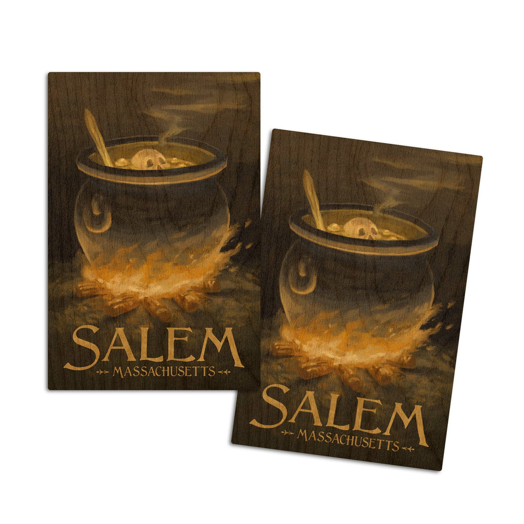 Salem, Massachusetts, Cauldron, Halloween Oil Painting, Lantern Press Artwork, Wood Signs and Postcards Wood Lantern Press 4x6 Wood Postcard Set 