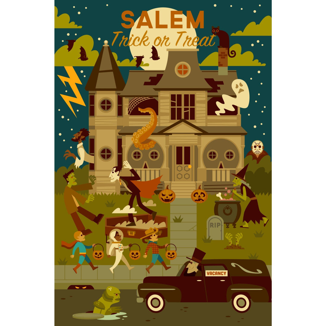Salem, Massachusetts, Halloween, Trick or Treat, Geometric, Lantern Press Artwork, Towels and Aprons Kitchen Lantern Press 