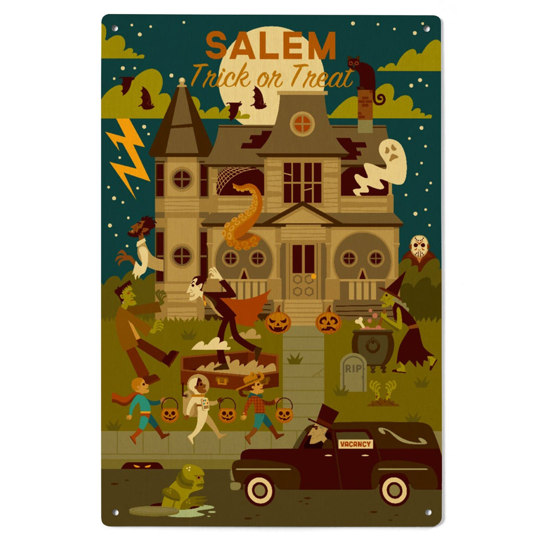 Salem, Massachusetts, Halloween, Trick or Treat, Geometric, Lantern Press Artwork, Wood Signs and Postcards Wood Lantern Press 